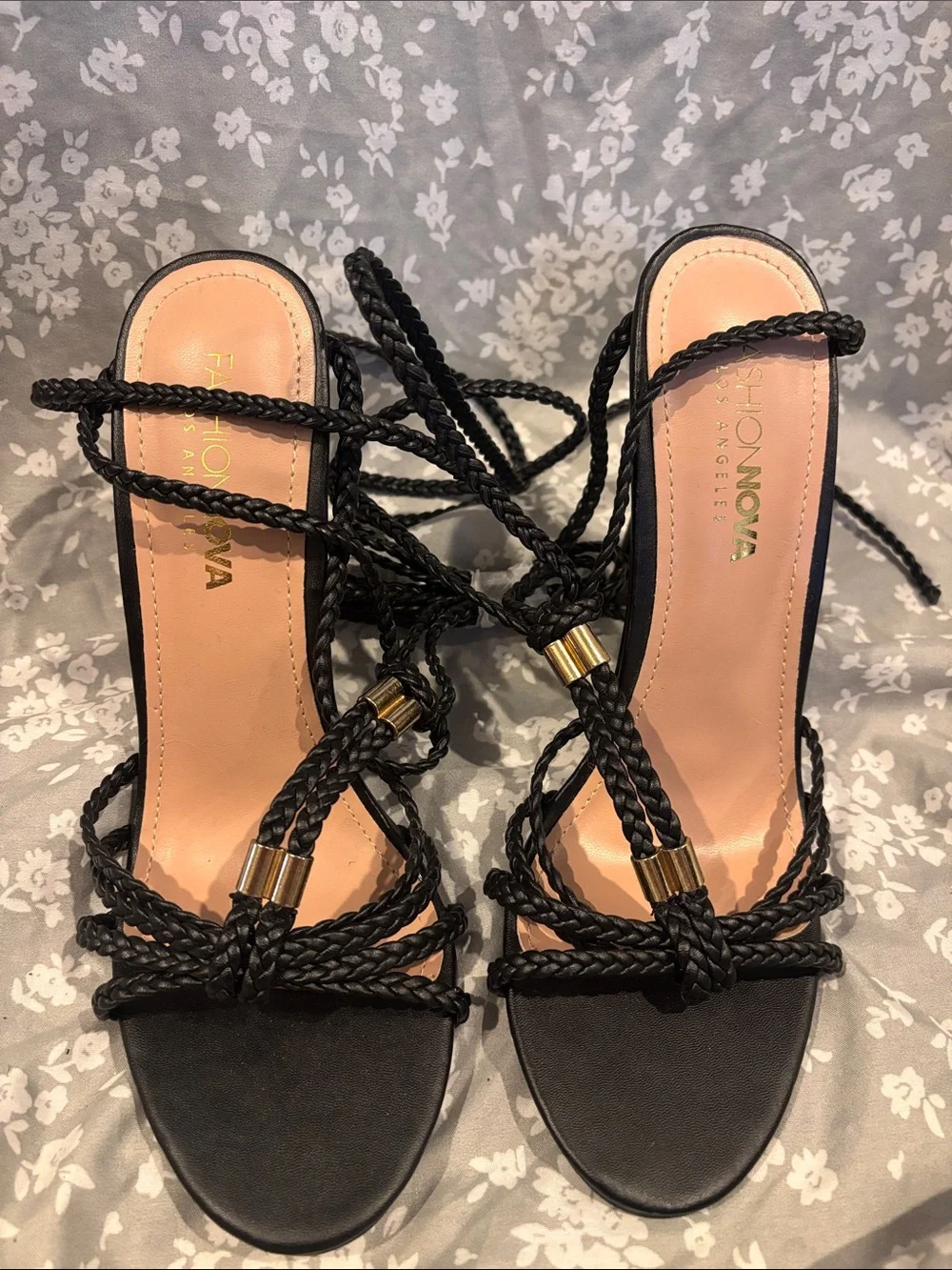 Fashion Nova Black Braided Lace-Up Heels with Gold Accents